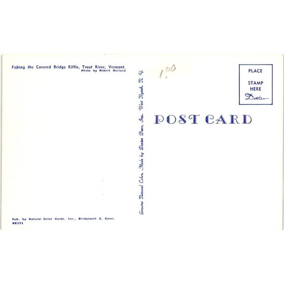 Covered Bridge Riffle Trout River Vermont Postcard Travel Souvenir Fishing - Picture 2 of 2